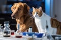 feline and canine scientists in laboratory conducting experiment, testing hypothesis