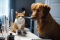 feline and canine scientists in laboratory conducting experiment, testing hypothesis Royalty Free Stock Photo