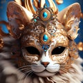 Feline Elegance: 3D Rendered Portrait of a Cat in a Richly Decorated Masquerade Mask, Exuding High Detail and Elegance