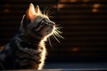 Feline elegance, sunlight reveals the outline of a striped cat