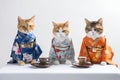 Feline Fashionistas Sipping Chinese Tea in Human Clothes on White Background. Perfect for Invitations and Posters.