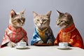 Feline Fashionistas Sipping Chinese Tea in Human Clothes on White Background. Perfect for Invitations and Posters.