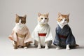 Feline Fashionistas: Three Cats in Karate Outfits Strike a Pose on White Background.