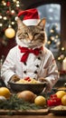 Feline Feast Master: Cat Chef Creates a Christmas Dinner Extravaganza in Kitchen Royalty Free Stock Photo
