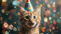 Feline Festivities: A Joyful Cat in a Birthday Hat amidst Confetti and Bokeh