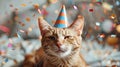 Feline Festivities: A Joyful Cat in a Birthday Hat amidst Confetti and Bokeh