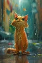 Feline Fun in the Rain: A Whimsical Digital Painting of a Playfu