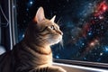 feline looking out window of spaceship, with view of the stars and planets in the background