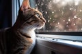 feline looking out window of spaceship, with view of the stars and planets in the background