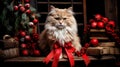 Portrait of a Persian cat sitting on a Christmas tree with Christmas ornaments. Generative AI