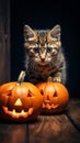 When Feline Meets Halloween: A Curious Cat and a Carved Pumpkin