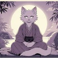 Feline Samurai Reflecting Under the Moonlight Royalty Free Stock Photo