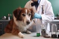 feline scientist mixing concoction in flask, with canine companion sitting nearby