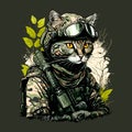 A feline soldier dressed in camouflaged uniform. AI generated