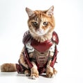 Feline Superhero: Cat in Iron Man Mark XLVI Armor for Magazine Cover. Royalty Free Stock Photo