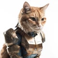 Feline Superhero: Cat in Iron Man Mark XLVI Armor on White Background. Perfect for Invitations and Posters. Royalty Free Stock Photo