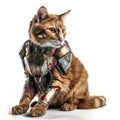 Feline Superhero: Cat in Iron Man Mark XLVI Armor on White Background. Perfect for Invitations and Posters. Royalty Free Stock Photo