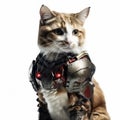 Feline Superhero: Cat in Iron Man Mark XLVI Armor on White Background. Perfect for Invitations and Posters. Royalty Free Stock Photo