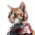 Feline Superhero: Cat in Iron Man Mark XLVI Armor on White Background. Perfect for Invitations and Posters. Royalty Free Stock Photo