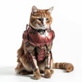 Feline Superhero: Cat in Iron Man Mark XLVI Armor on White Background. Perfect for Invitations and Posters. Royalty Free Stock Photo