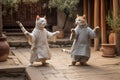 Feline Tai Chi Masters: Three Cats in Human Tunics Practicing in a Courtyard.