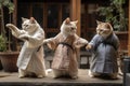 Feline Tai Chi Masters: Three Cats in Human Tunics Practicing in a Courtyard.