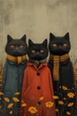 Feline Trio: A Hauntingly Beautiful Portrait in Black Coats and