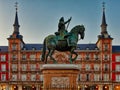 Felipe III King Statue in plaza mayor in Madrid Spain at dusk Royalty Free Stock Photo