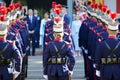 Felipe VI passing by the guard of honour during the National Day military parade in Madrid Spain