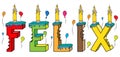 Felix male first name bitten colorful 3d lettering birthday cake with candles and balloons