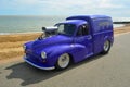 Classic Morris Minor Van made into a Purple Hotrod called Pie Wagon on show at Felixstowe seafront. Royalty Free Stock Photo