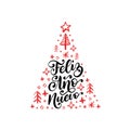 Feliz Ano Nuevo, handwritten phrase, translated from Spanish Happy New Year. Vector Christmas spruce illustration.