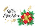 Feliz Ano Nuevo Spanish Happy New Year calligraphy hand drawn text for greeting card background template. Vector Christmas tree ho Royalty Free Stock Photo