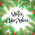 Feliz Ano Nuevo Spanish Happy New Year holiday hand drawn calligraphy text for greeting card background design template. Vector Ch Royalty Free Stock Photo