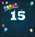 Feliz Cumpleanos 15 - Happy Birthday 15 in Spanish language - Greeting card with white candles Royalty Free Stock Photo