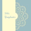 Feliz Cumpleanos Happy Birthday, written in spanish language, blue postcard lace vintage collage.