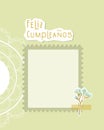 Feliz Cumpleanos Happy Birthday, written in spanish language, postcard green vintage collage.