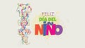 Feliz Dia del Nino greeting card - Happy Children`s Day in Spanish language. Child`s drawing seen from above starting to jump Royalty Free Stock Photo