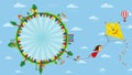 Feliz Dia del Nino greeting card - Happy Children`s Day in Spanish language. Text inside a circle surrounded by playgrounds