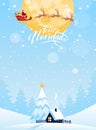 Feliz navidad card. Winter forest landscape, snow-covered small house with a Christmas tree, Papa Noel flies in a sleigh Royalty Free Stock Photo