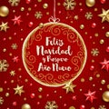 Feliz navidad - Christmas greetings in Spanish. Holiday greeting in a ornate frame and Christmas decoration Royalty Free Stock Photo