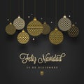Feliz navidad - Christmas greetings in Spanish. Patterned golden baubles on a black background.