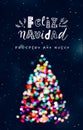 Feliz Navidad greeting card with an abstract tree made of colorful Christmas lights