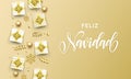 Feliz Navidad Merry Christmas golden greeting card on premium background. Vector Christmas Spanish Navidad calligraphy lettering, Royalty Free Stock Photo