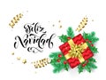 Feliz Navidad Merry Christmas Spanish calligraphy hand drawn text for greeting card background template. Vector Christmas tree hol Royalty Free Stock Photo