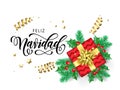 Feliz Navidad Merry Christmas Spanish calligraphy hand drawn text for greeting card background template. Vector Christmas tree hol