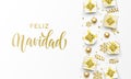 Feliz Navidad Merry Christmas Spanish golden greeting card of gold gifts, stars confetti and snowflakes. Vector premium Christmas Royalty Free Stock Photo