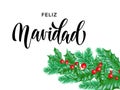 Feliz Navidad Spanish Merry Christmas calligraphy font on white premium background for winter Xmas holiday design template. Vector Royalty Free Stock Photo