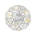 Feliz Navidad Spanish Merry Christmas calligraphy lettering and golden snowflake pattern on white background for greeting card des