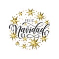 Feliz Navidad Spanish Merry Christmas golden decoration, calligraphy font for invitation or greeting card white background. Vector Royalty Free Stock Photo